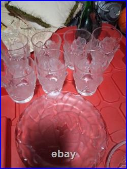 RARE 16pc Signed LALIQUE FRANCE CHÊNE OAK LEAF CRYSTAL MIX Set-8 Plates, 8 Cups