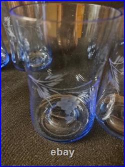 RARE 1930s Japan Etched Blue Crystal Tumbler Glasses Set of 8