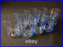 RARE 1930s Japan Etched Blue Crystal Tumbler Glasses Set of 8