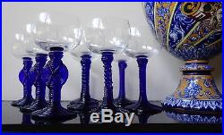 RARE Set 8 Cristal de Sevres Crystal cobalt blue Stems Water Wine Goblet 9 H