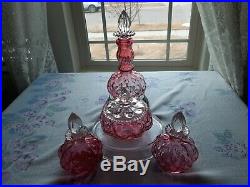 RARE! Vintage Fenton Vanity Set, Cranberry Crystal Powder, 3 Perfume Bottles, RARE