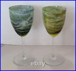 Rare 1976 Set Of 2 Steve Maslach Studio Art Glass Crystal Wine Goblets Signed