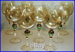 Rare Gorgeous Set Of (9) Gold Murano Hand Blown Balloon Style Wine Glasses Italy