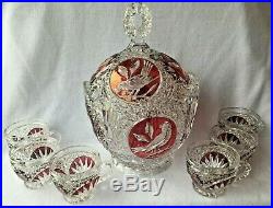 Rare Hofbauer Punch Set Red Bird Crystal Punch Bowl with lid and 6 cups
