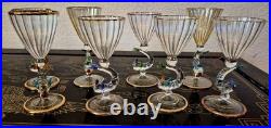 Rare Italy Colored Crystal Dolphin Stem 6 Ribbed Wine Glass Set Of 8 Gold Gilt Rare Italy Colored Crystal Dolphin Stem 6 Ribbed Wine Glass Set Of 8 Gold Gilt
