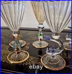 Rare Italy Colored Crystal Dolphin Stem 6 Ribbed Wine Glass Set Of 8 Gold Gilt Rare Italy Colored Crystal Dolphin Stem 6 Ribbed Wine Glass Set Of 8 Gold Gilt