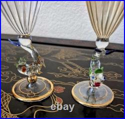Rare Italy Colored Crystal Dolphin Stem 6 Ribbed Wine Glass Set Of 8 Gold Gilt Rare Italy Colored Crystal Dolphin Stem 6 Ribbed Wine Glass Set Of 8 Gold Gilt