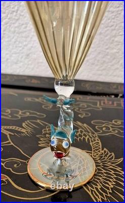Rare Italy Colored Crystal Dolphin Stem 6 Ribbed Wine Glass Set Of 8 Gold Gilt Rare Italy Colored Crystal Dolphin Stem 6 Ribbed Wine Glass Set Of 8 Gold Gilt