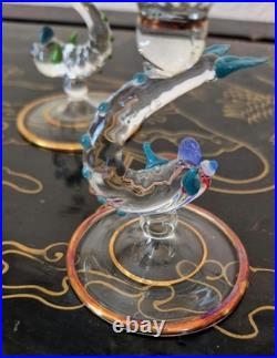Rare Italy Colored Crystal Dolphin Stem 6 Ribbed Wine Glass Set Of 8 Gold Gilt Rare Italy Colored Crystal Dolphin Stem 6 Ribbed Wine Glass Set Of 8 Gold Gilt