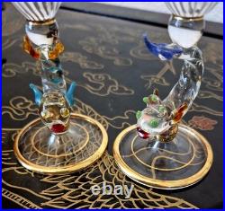 Rare Italy Colored Crystal Dolphin Stem 6 Ribbed Wine Glass Set Of 8 Gold Gilt Rare Italy Colored Crystal Dolphin Stem 6 Ribbed Wine Glass Set Of 8 Gold Gilt