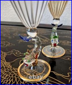 Rare Italy Colored Crystal Dolphin Stem 6 Ribbed Wine Glass Set Of 8 Gold Gilt Rare Italy Colored Crystal Dolphin Stem 6 Ribbed Wine Glass Set Of 8 Gold Gilt