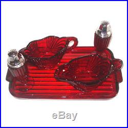 Rare New Martinsville Ruby 5 Pc Table Service Set Queen Anne Crystal Eagle