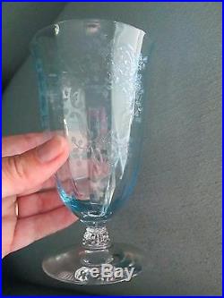 Rare Set 4 Iced Tea Fostoria Blue Meadow Rose Crystal Footed Tumbler Glasses