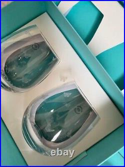 Rare Tiffany & Co Butterfly Pattern Paired Crystal Glasses 2 with Ribbon Bag