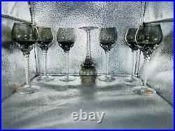 Rare Vintage bohemia Smoked Crystal Glasses with twisted clear handle Set Of (7)