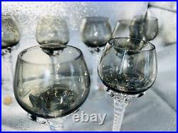 Rare Vintage bohemia Smoked Crystal Glasses with twisted clear handle Set Of (7)