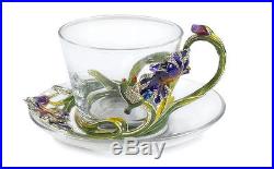 RoRo Luxury Enameled offee Tea Cup & Saucer Set, Bohemian & Swarovski Crystal