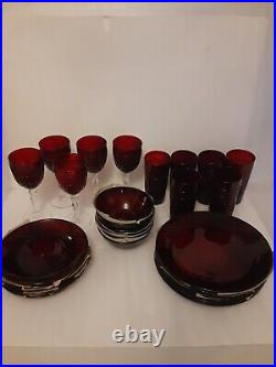 Ruby Red Luminarc Arcoroc Set 29 Pieces Dinnerware from 70s France new and use