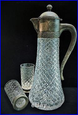 Russian Vintage Cut Crystal and Silver Set of Wine Pitcher and 12 Glasses