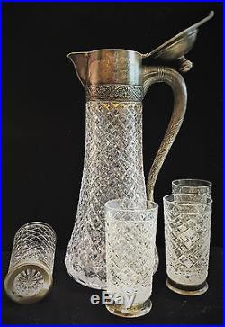 Russian Vintage Cut Crystal and Silver Set of Wine Pitcher and 12 Glasses