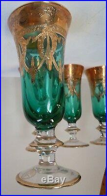 SC Line Italy Gold Encrusted Bouquest Green Crystal Glasses Set of 4
