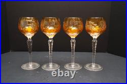 SET 4 BOHEMIAN CZECH CUT TO CLEAR CRYSTAL Hock Wine GLASSES Goblets Amber 8.5