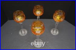 SET 4 BOHEMIAN CZECH CUT TO CLEAR CRYSTAL Hock Wine GLASSES Goblets Amber 8.5