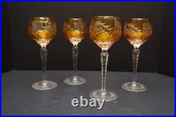 SET 4 BOHEMIAN CZECH CUT TO CLEAR CRYSTAL Hock Wine GLASSES Goblets Amber 8.5