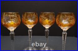 SET 4 BOHEMIAN CZECH CUT TO CLEAR CRYSTAL Hock Wine GLASSES Goblets Amber 8.5