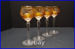 SET 4 BOHEMIAN CZECH CUT TO CLEAR CRYSTAL Hock Wine GLASSES Goblets Amber 8.5