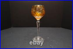 SET 4 BOHEMIAN CZECH CUT TO CLEAR CRYSTAL Hock Wine GLASSES Goblets Amber 8.5