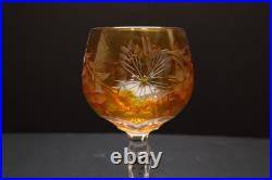SET 4 BOHEMIAN CZECH CUT TO CLEAR CRYSTAL Hock Wine GLASSES Goblets Amber 8.5