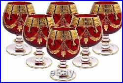 SET OF 6 Red Italian Crystal Cognac Snifters Goblets, 24K Gold 10 oz. Interglass