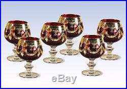 SET OF 6 Red Italian Crystal Cognac Snifters Goblets, 24K Gold 10 oz. Interglass