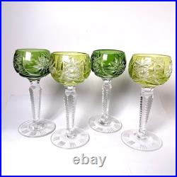 SET Sm Bohemian CZECH CUT TO CLEAR CRYSTAL Dessert Wine GLASSES Green Yellow 4