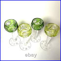SET Sm Bohemian CZECH CUT TO CLEAR CRYSTAL Dessert Wine GLASSES Green Yellow 4
