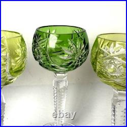 SET Sm Bohemian CZECH CUT TO CLEAR CRYSTAL Dessert Wine GLASSES Green Yellow 4