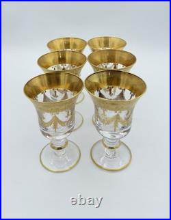 SET of 6-Murano Medici FLARED WINE Etched Crystal Goblets/Glasses Gold Rim