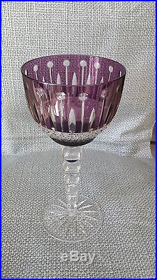 SET of 6 PURPLE / AMETHYST CUT TO CLEAR CRYSTAL WATER/WINE GLASSES XENIA new