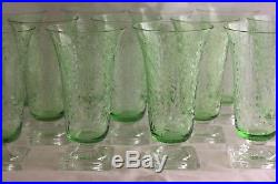 Set 12 Antique Rock Cut Engraved Glass Crystal green Water Goblets Ice Tea Juice