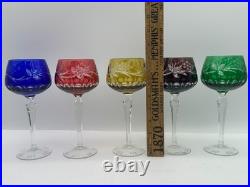 Set 12 Bohemian Cut to Clear Crystal Wine Hock Glasses Colored Grape Pattern 7.5