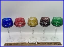 Set 12 Bohemian Cut to Clear Crystal Wine Hock Glasses Colored Grape Pattern 7.5