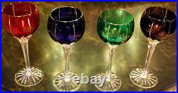Set 4 AJKA Castile Albinka MULTI COLORED Cut Crystal Wine Goblets Glasses 8 1/4