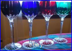 Set 4 AJKA Castile Albinka MULTI COLORED Cut Crystal Wine Goblets Glasses 8 1/4