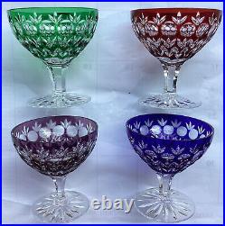 Set 4 Ajka Florderis Red Cobalt Blue Green Purple Cut To Clear Crystal Sherbets