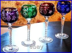 Set 4 MULTI COLORED Hock Wine Goblets Glasses MULTICOLORED CUT GRAPE 8 1/4