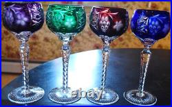 Set 4 MULTI COLORED Hock Wine Goblets Glasses MULTICOLORED CUT GRAPE 8 1/4
