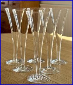 Set 6 Tiffany & Co Trumpet Crystal Champagne Flutes Glasses Hollow Stems 9 1/8