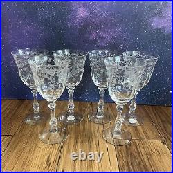 Set 6 VTG Fostoria NAVARRE CLEAR 7 5/8 Etched Crystal Water Glasses 10 oz MCM