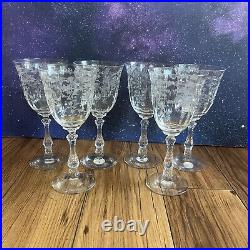 Set 6 VTG Fostoria NAVARRE CLEAR 7 5/8 Etched Crystal Water Glasses 10 oz MCM